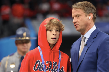 Knox Kiffin (left) and Lane Kiffin (right) ahead of the 2023 Chick-fil-A Peach Bowl. Photo courtesy of Ole Miss Athletics.