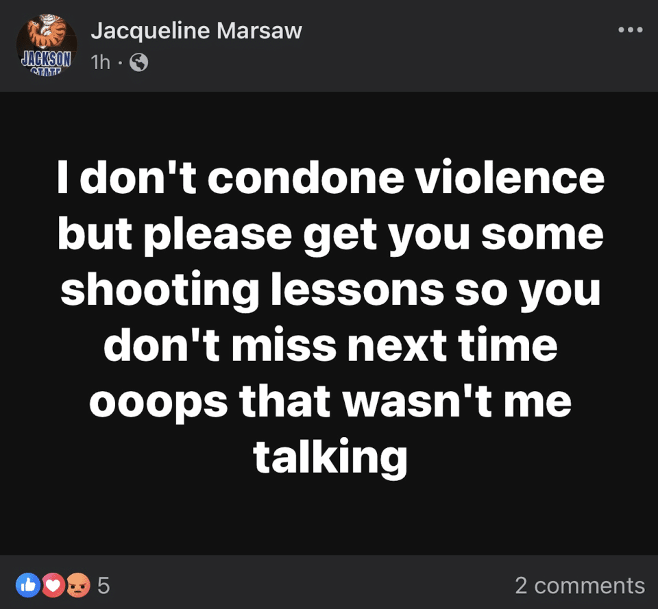 Screenshot of post from Facebook of Jacqueline Marsaw, a case manager and field director for Congressman Bennie Thompson, D-Miss.