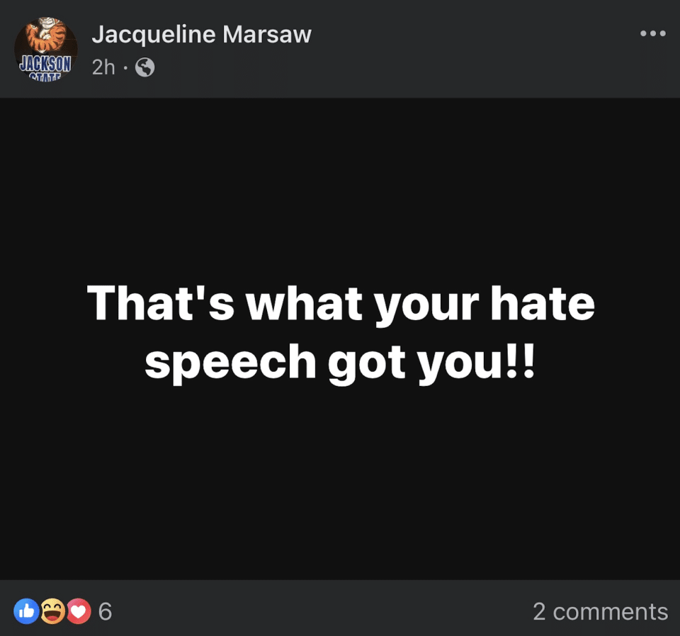 Screenshot of post from Facebook of Jacqueline Marsaw, a case manager and field director for Congressman Bennie Thompson, D-Miss.