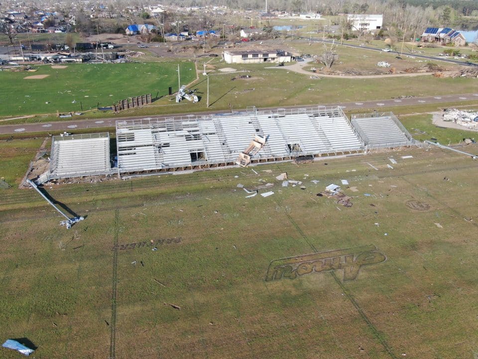 The damage after an EF-3 tornado ripped through Amory High School’s football stadium on March 24, 2023. Photo courtesy of Amory High School. 