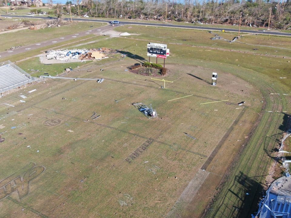 The damage after an EF-3 tornado ripped through Amory High School’s football stadium on March 24, 2023. Photo courtesy of Amory High School. 