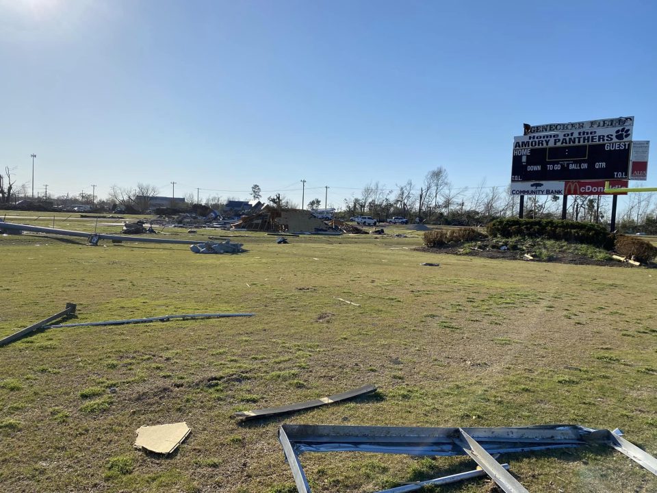 The damage after an EF-3 tornado ripped through Amory High School’s football stadium on March 24, 2023. Photo courtesy of Amory High School. 